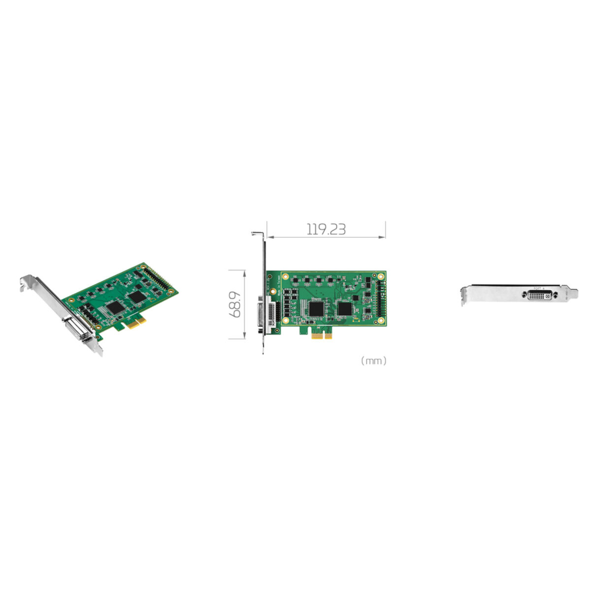 Yuan SC350N8-L PCIe capture card, angled view, dimension drawing and bracket with one high-density connector