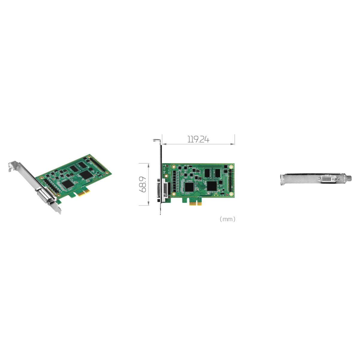 Yuan SC3C0N8-L PCIe capture card, angled view, dimension drawing and bracket with one high-density connector