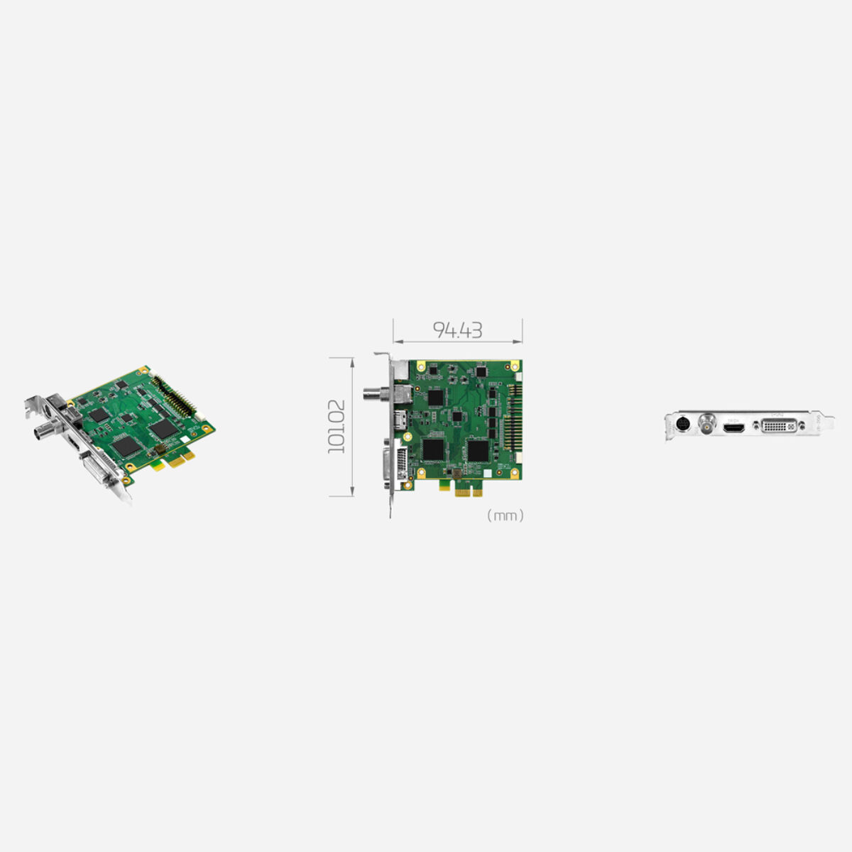 Yuan SC400N1 AIO PCIe capture card, angled view, dimension drawing and bracket with BNC, HDMI and DVI-I connectors