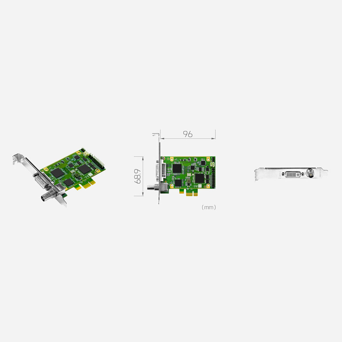 Yuan SC400N1-L AIO PCIe capture card, angled view with bracket, 96 x 68.9 mm drawing and DVI-I and SDI bracket view