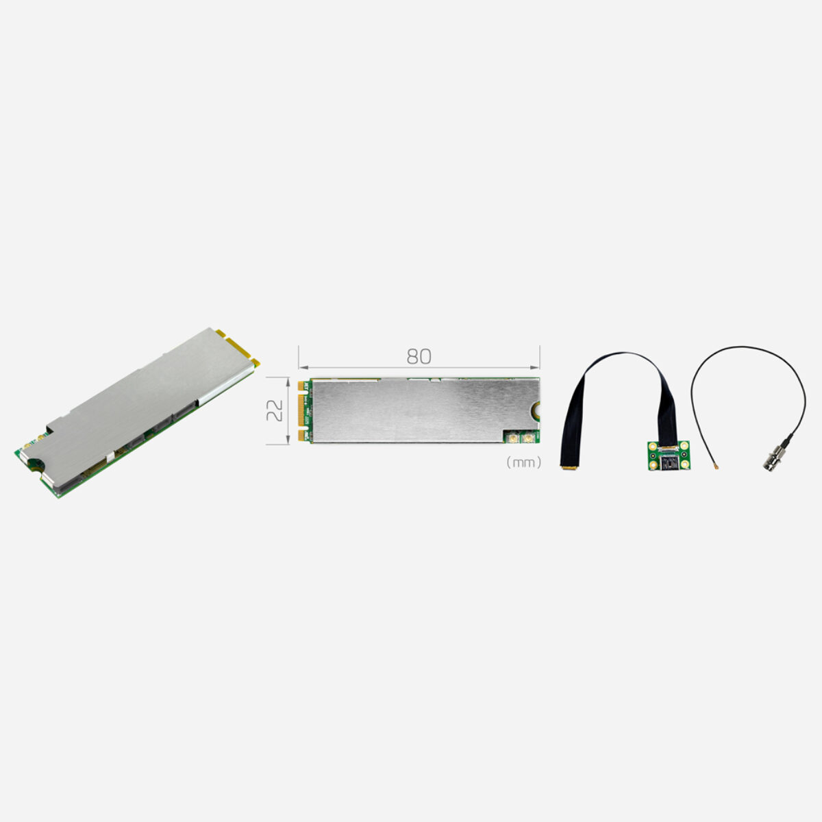Yuan SC400N1 M2 AIO M.2 capture card, angled view, 22 x 80 mm dimension drawing and SDI cable adapters