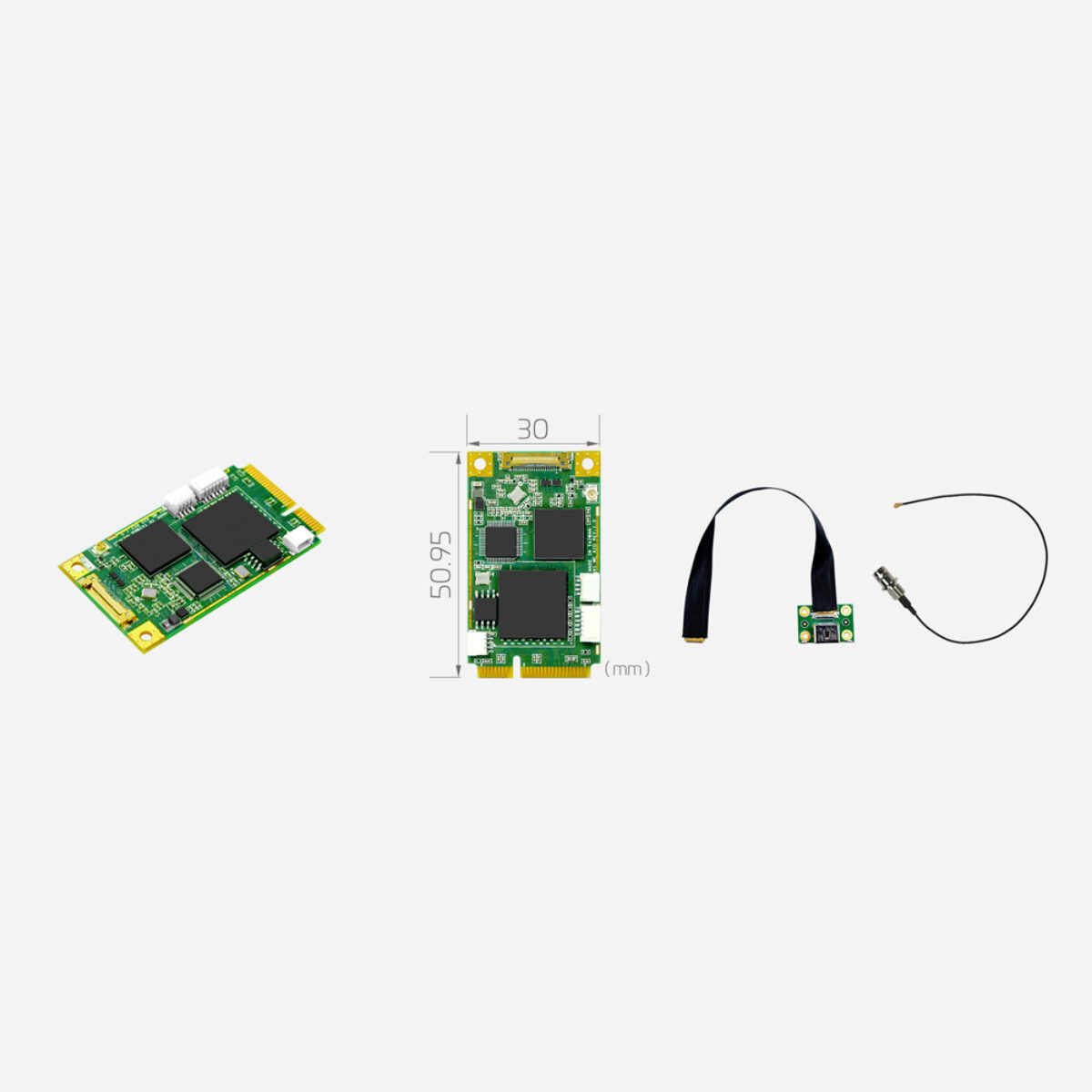 Yuan SC400N1 MC AIO Mini PCIe capture card, angled view, 30 x 50.95 mm drawing, HDMI flat cable and SDI lead