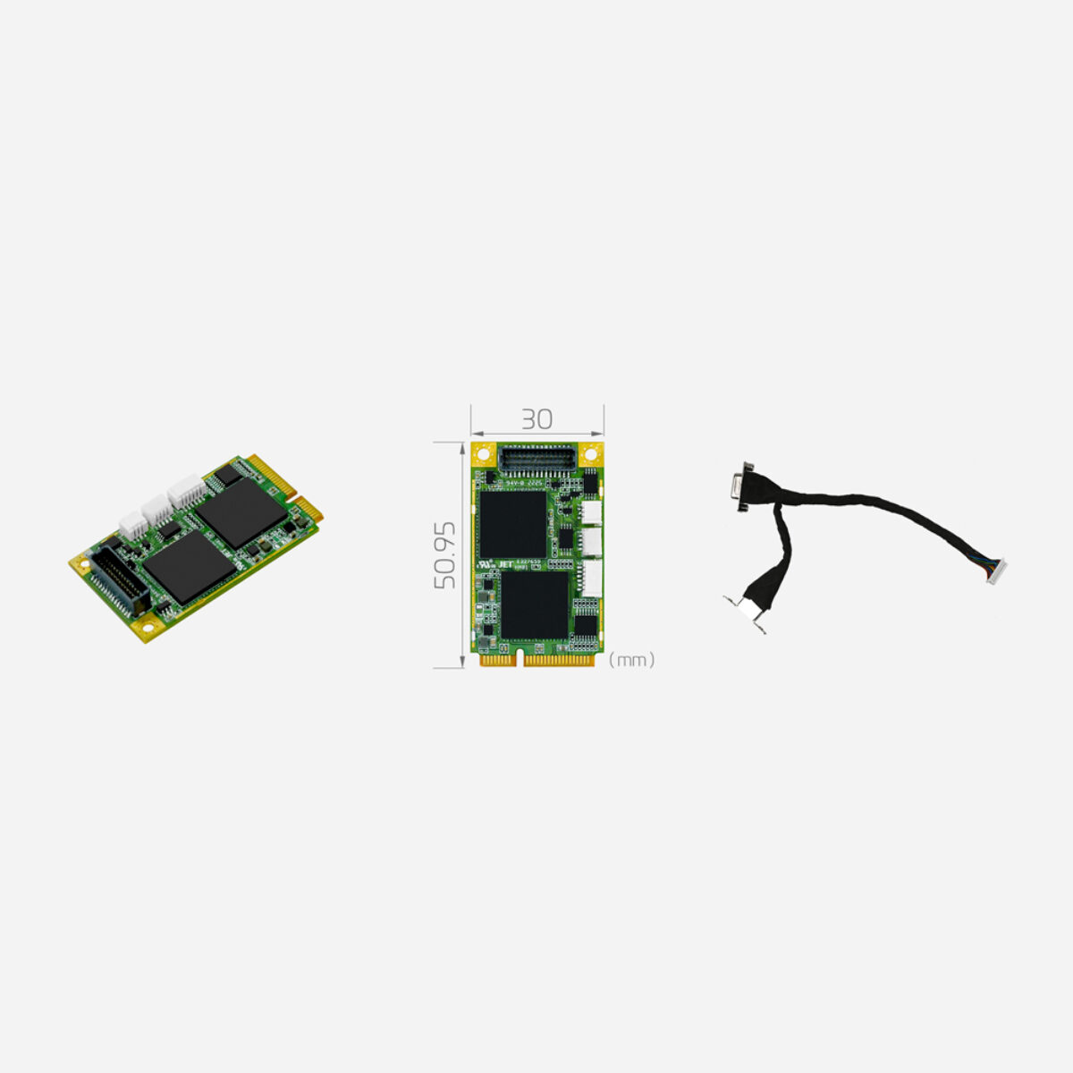Yuan SC400N1 MC HDV Mini PCIe capture card, angled view, 30 x 50.95 mm dimension drawing and breakout cable