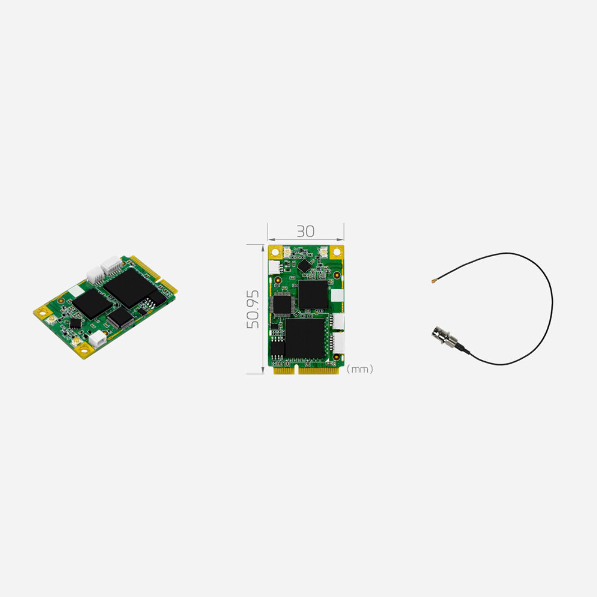 Yuan SC400N1 MC SDI Mini PCIe capture card, angled view, 30 x 50.95 mm dimension drawing and SDI coaxial lead