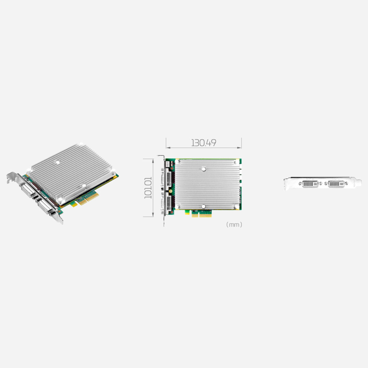 Yuan SC400N16 TVI PCIe capture card with heatsink, angled view with bracket, dimension drawing and bracket connector view