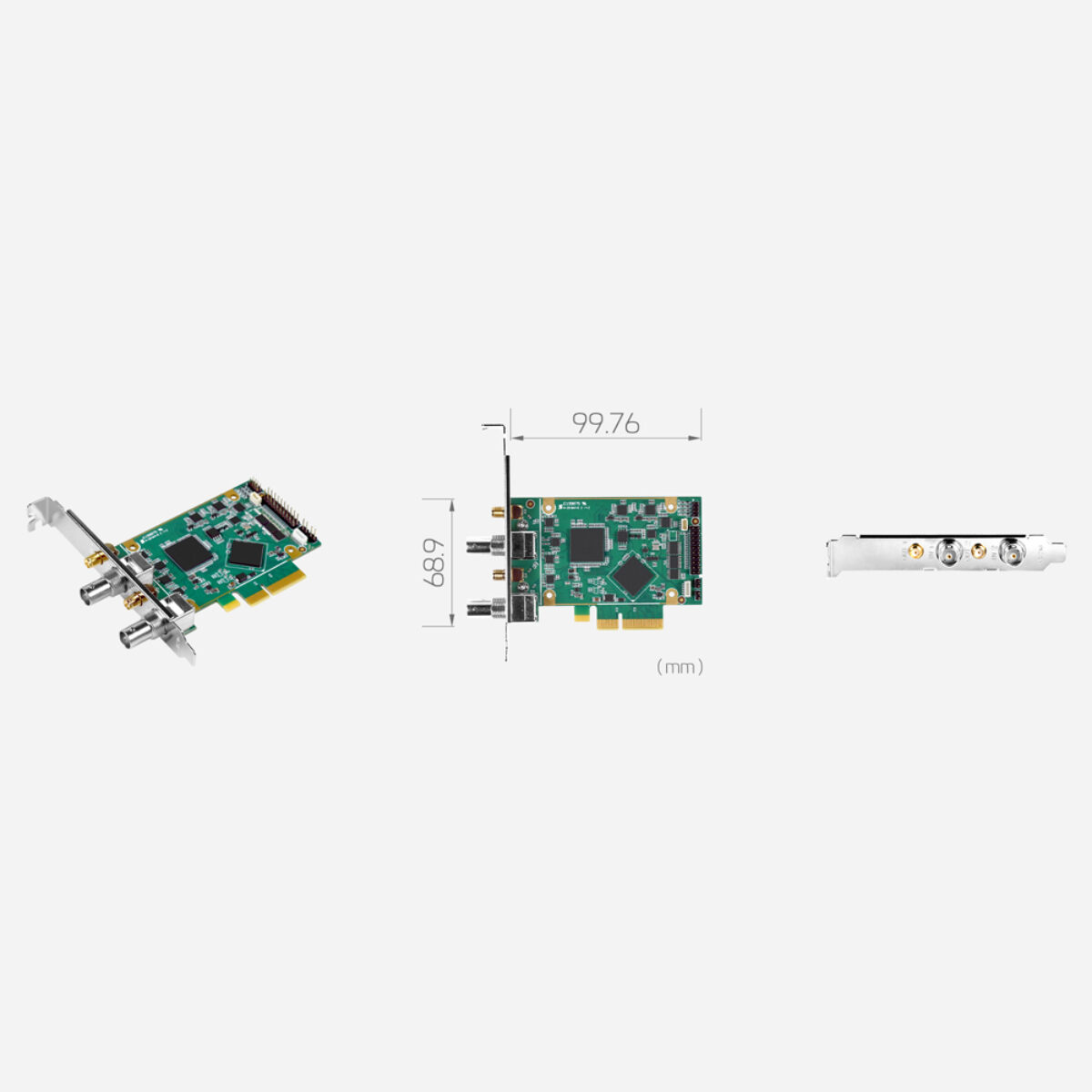 Yuan SC400N2-L SDI PCIe capture card, angled view with bracket, 99.76 x 68.9 mm drawing and SDI bracket view