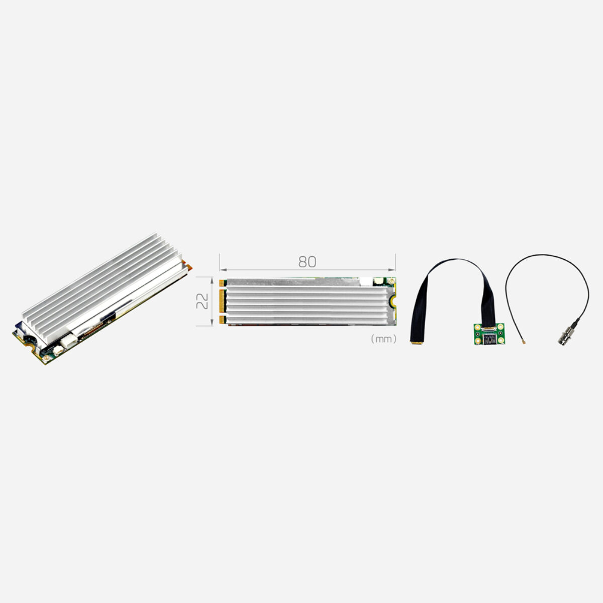 Yuan SC400N2 M2 AIO M.2 capture card with heatsink, angled view, 22 x 80 mm drawing and cable adapters