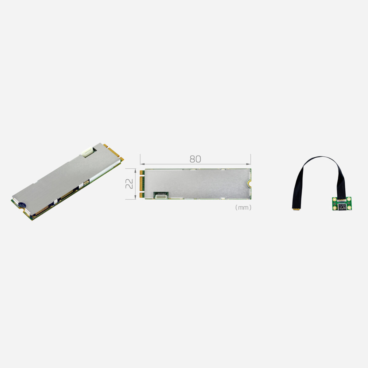 Yuan SC400N2 M2 HDMI M.2 capture card, angled view, 22 x 80 mm dimension drawing and HDMI flat cable adapter