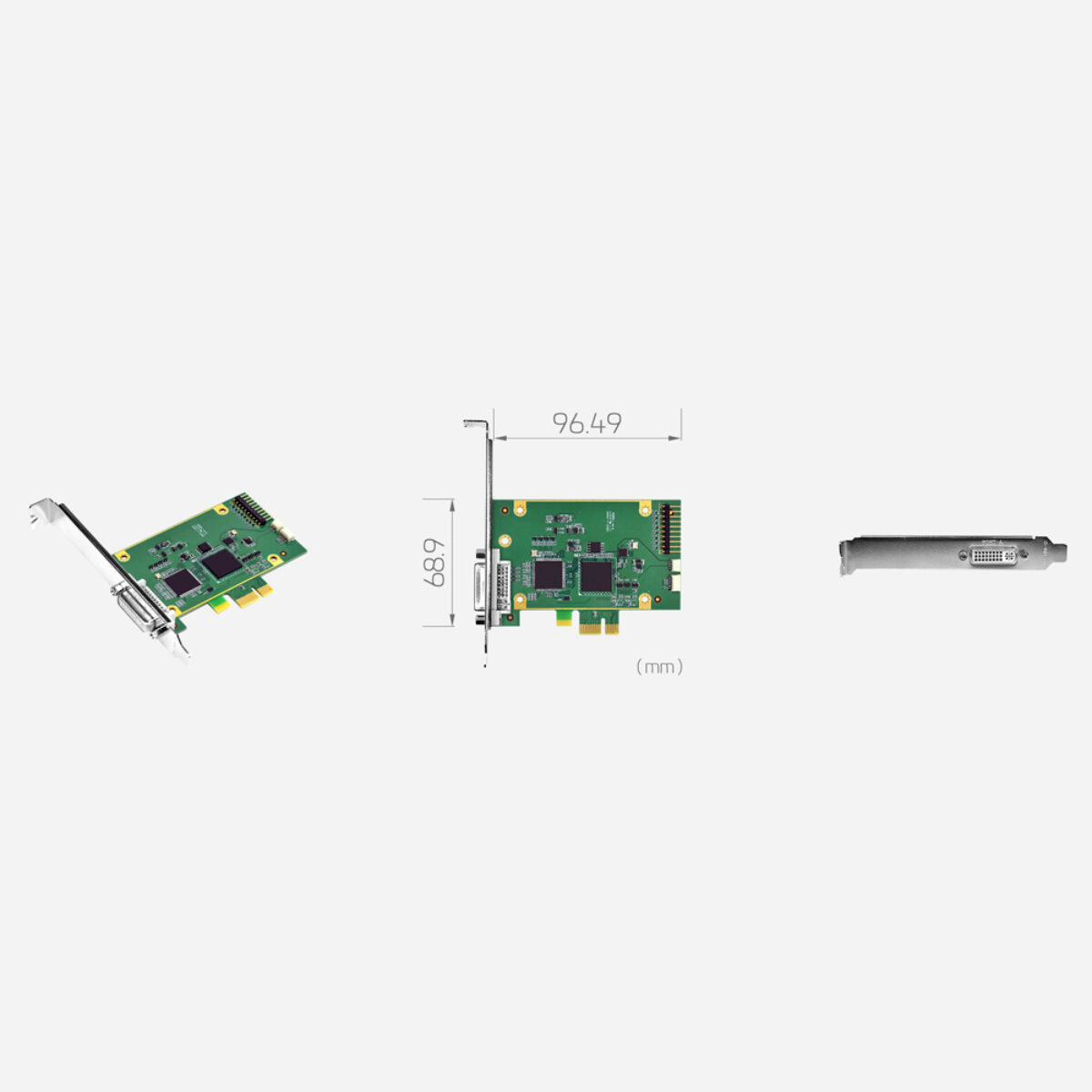 Yuan SC400N4-L TVI PCIe capture card, angled view with bracket, 96.49 x 68.9 mm drawing and bracket connector view