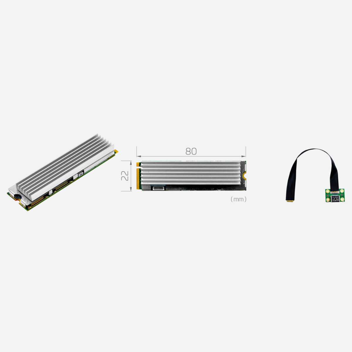 Yuan SC400N4 M2 HDMI M.2 capture card with heatsink, angled view, 22 x 80 mm drawing and HDMI flat cable
