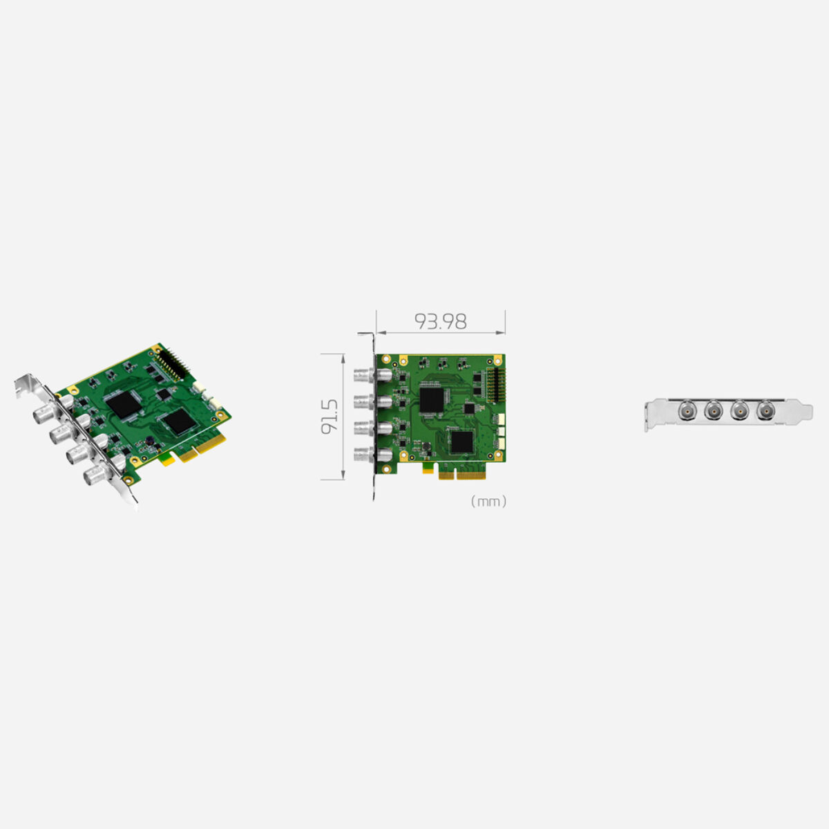 Yuan SC400N4 SDI PCIe capture card, angled view with bracket, 93.98 x 91.5 mm drawing and four-SDI bracket view