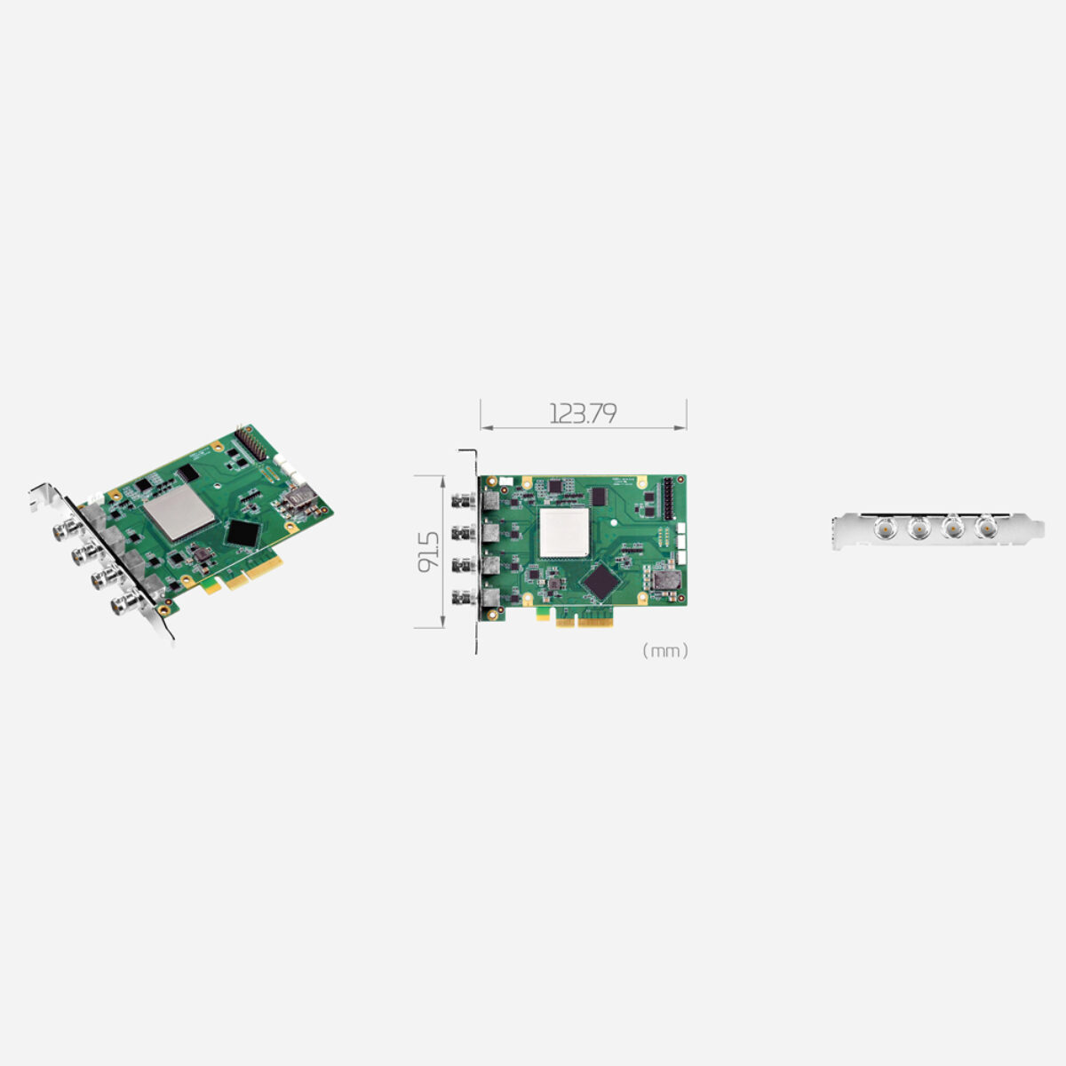 Yuan SC410N4 6G-SDI PCIe capture card, angled view with bracket, 123.79 x 91.5 mm drawing and four-SDI bracket view