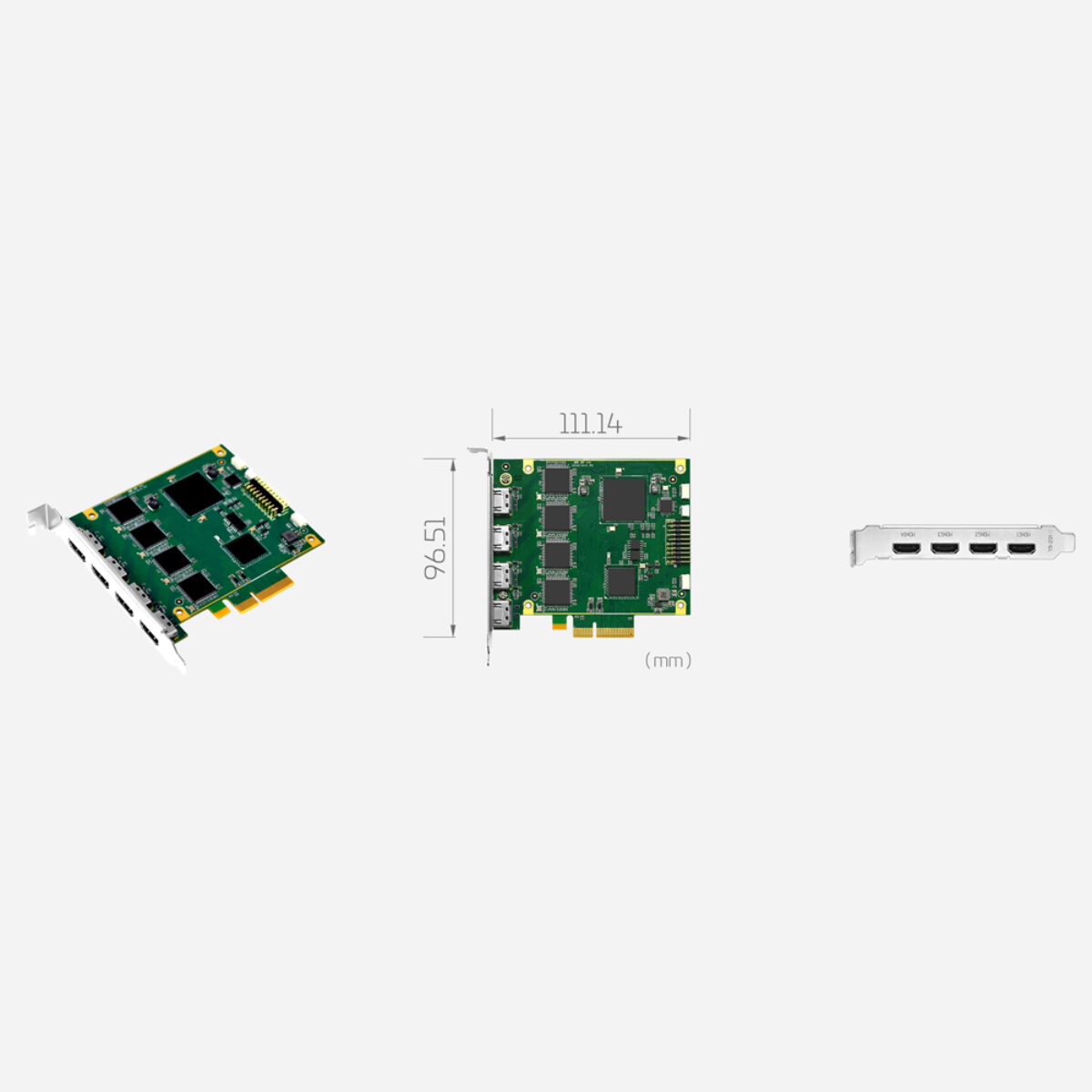 Yuan SC410N4 HDMI PCIe capture card, angled view with bracket, dimension drawing and four-HDMI bracket view
