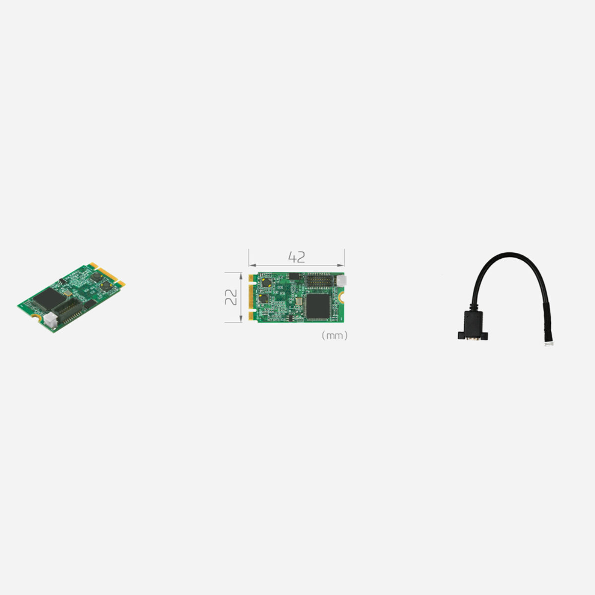 Yuan SC540N1 M2 HDMI M.2 capture card, angled view, 22 x 42 mm dimension drawing and HDMI breakout cable