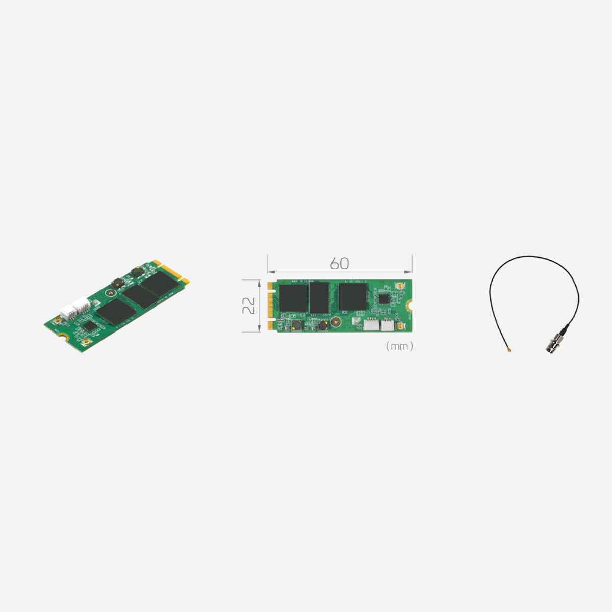 Yuan SC540N1 M2 SDI M.2 capture card, angled view, 22 x 60 mm dimension drawing and SDI BNC cable