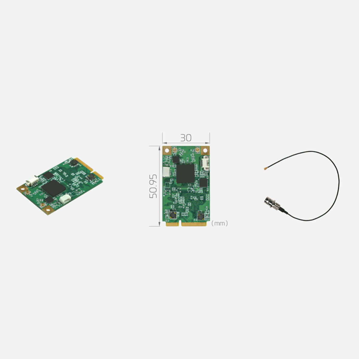 Yuan SC540N1 MC SDI Mini PCIe capture card, angled view, 30 x 50.95 mm dimension drawing and SDI BNC cable