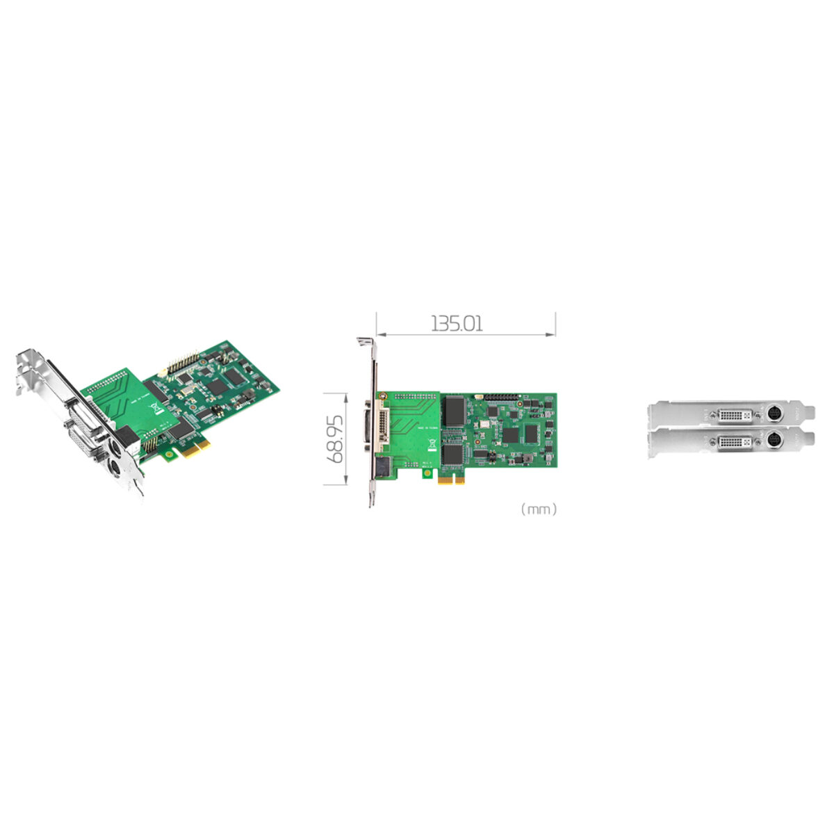 Yuan SC542N1-L HDV PCIe capture card, angled view, 135.01 x 68.95 mm drawing and two DVI-I brackets