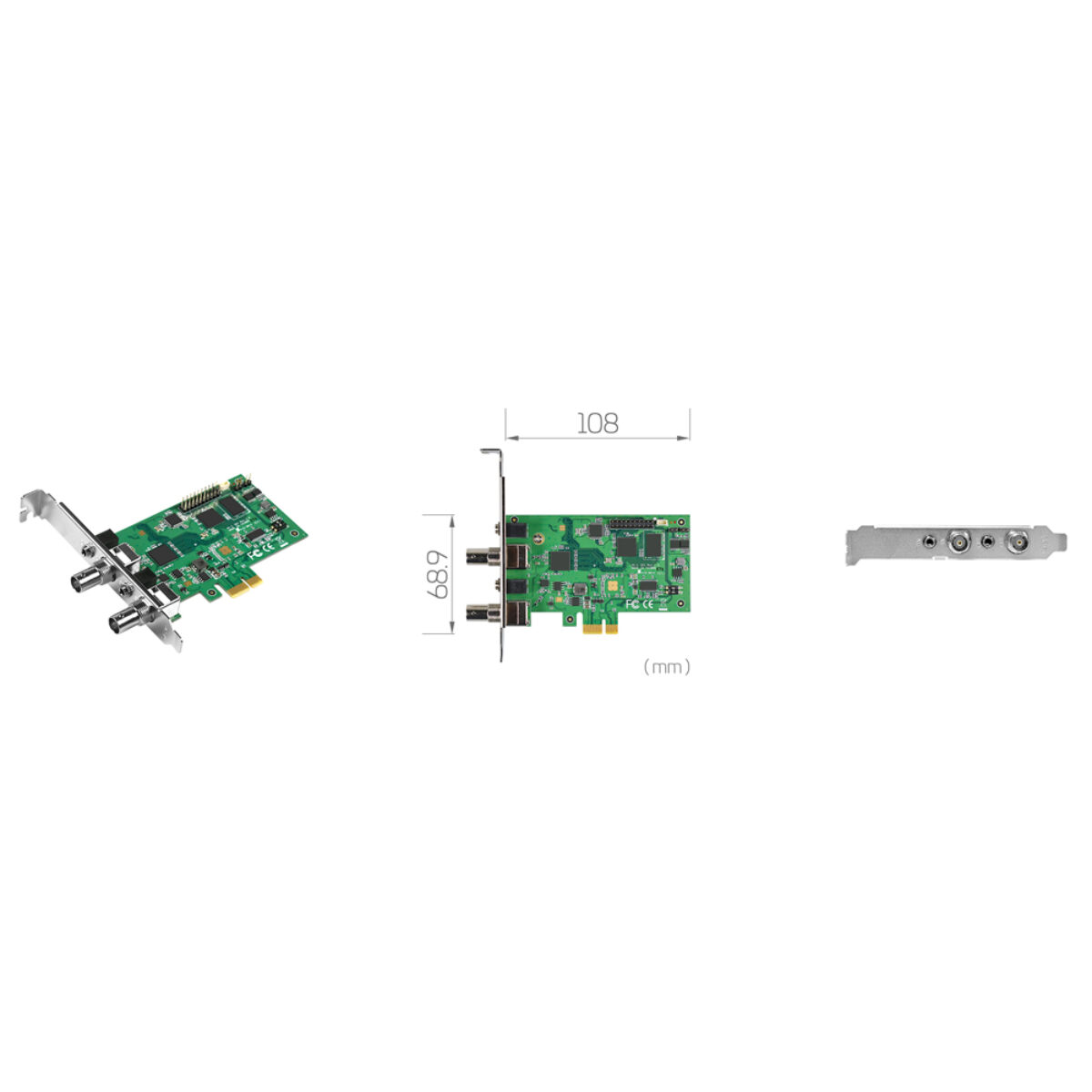 Yuan SC542N1-L SDI PCIe capture card, angled view with two BNC connectors, 108 x 68.9 mm drawing and bracket