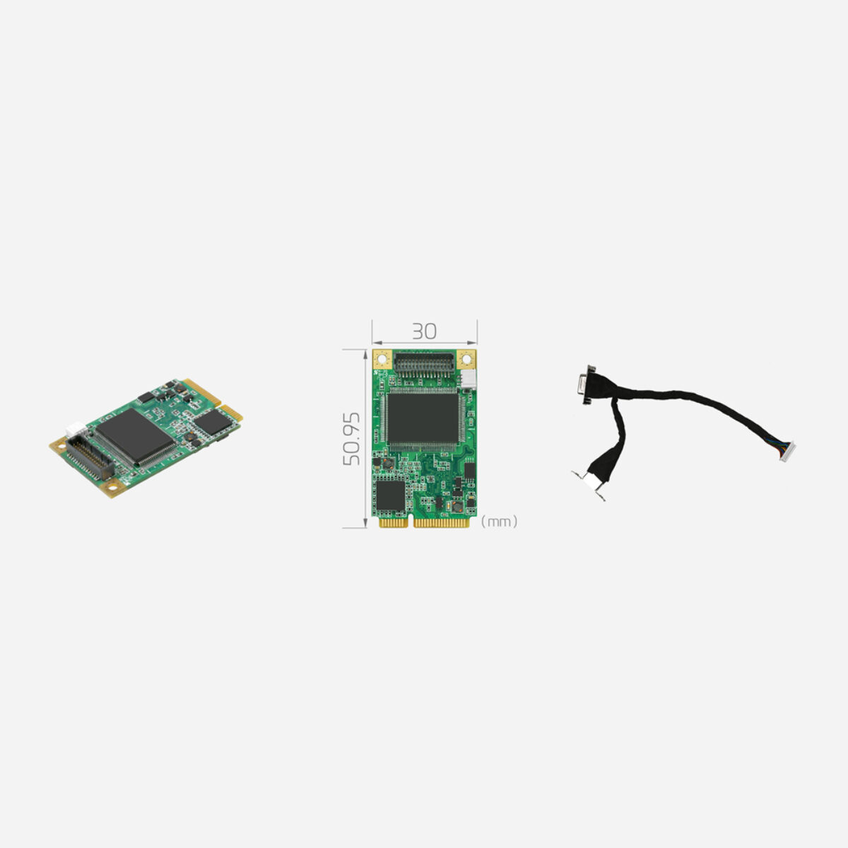 Yuan SC542N1 MC HDV Mini PCIe capture card, angled view, 30 x 50.95 mm dimension drawing and video breakout cable