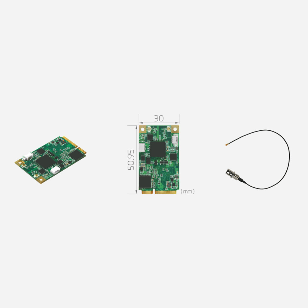 Yuan SC542N1 MC SDI Mini PCIe capture card, angled view, 30 x 50.95 mm dimension drawing and SDI BNC cable