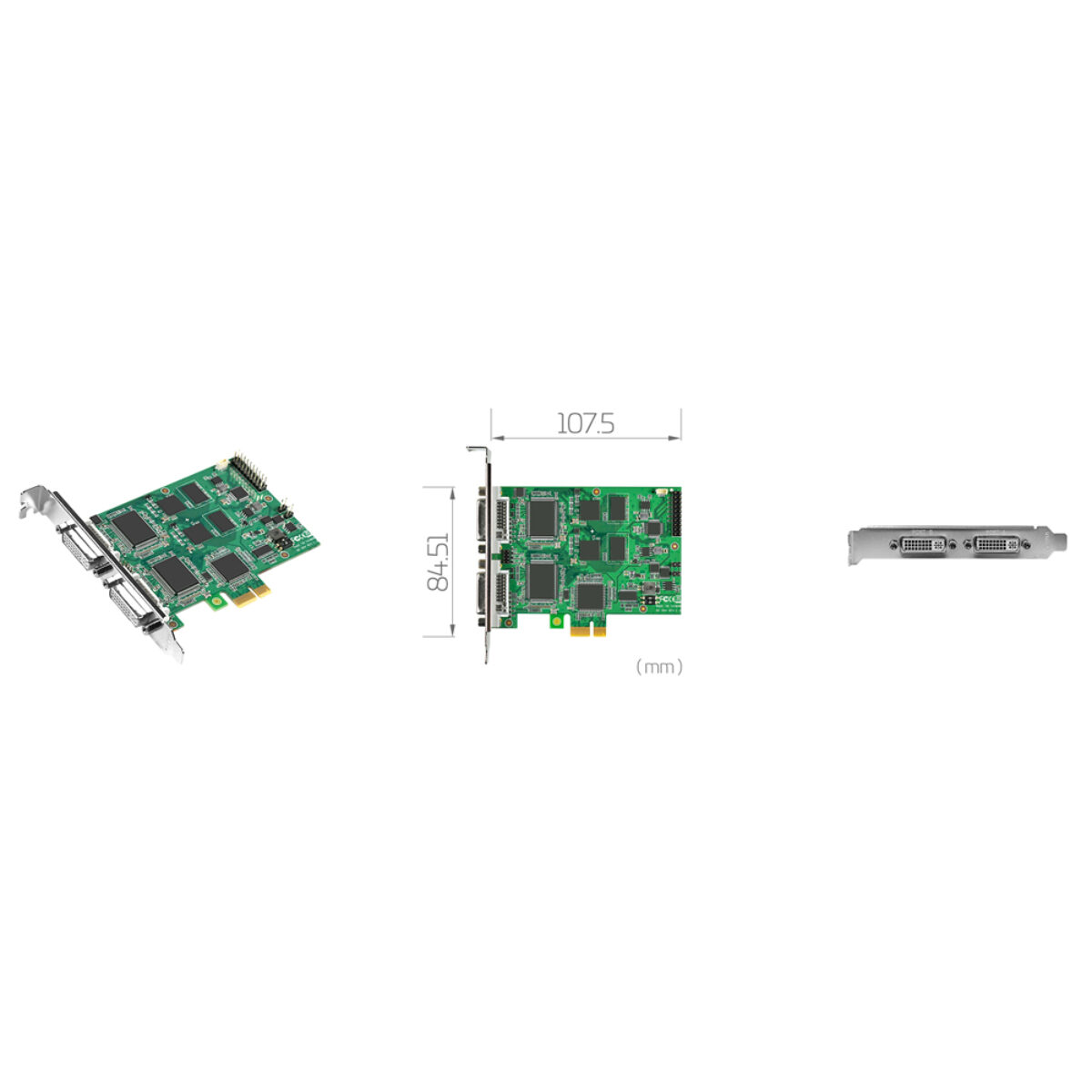 Yuan SC542N2 HDV PCIe capture card, angled view, 107.5 x 84.51 mm drawing and bracket with two DVI-I ports