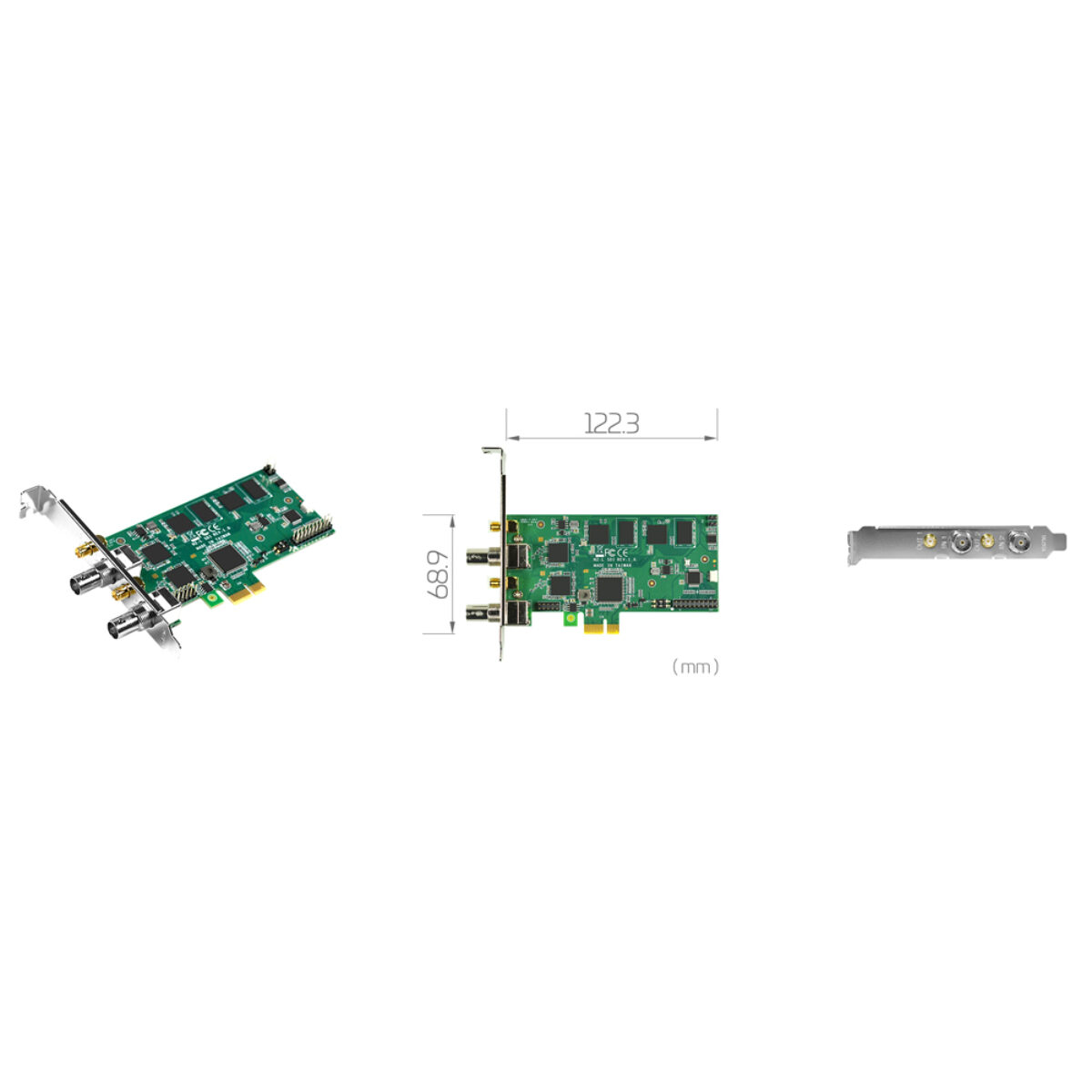 Yuan SC542N2-L SDI PCIe capture card, angled view with BNC connectors, 122.3 x 68.9 mm drawing and bracket