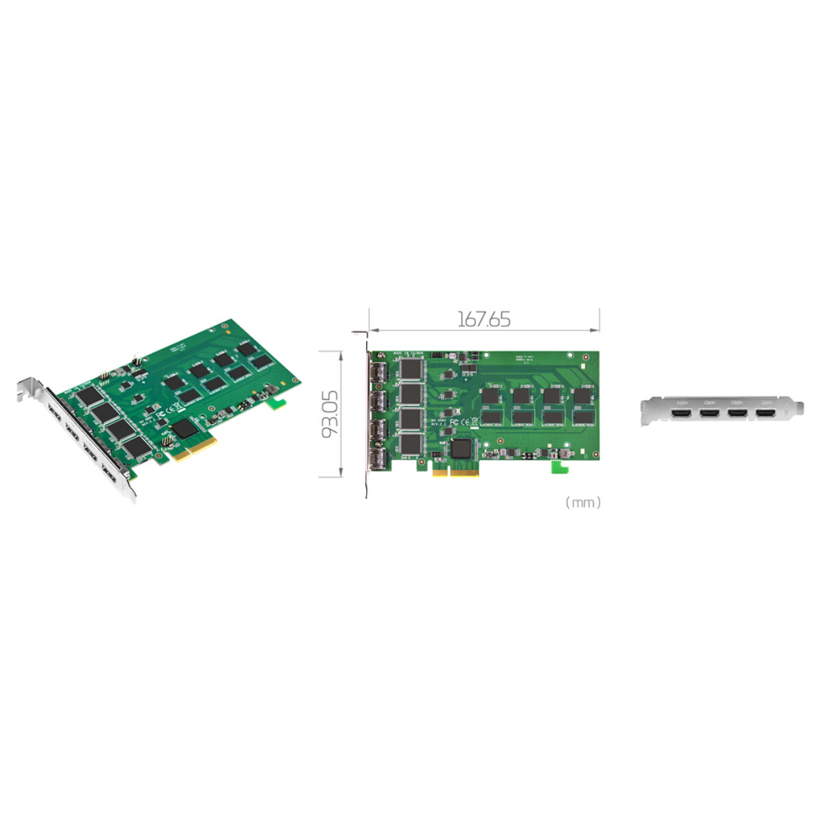 Yuan SC542N4 HDMI PCIe capture card, angled view, 167.65 x 93.05 mm drawing and bracket with four HDMI ports