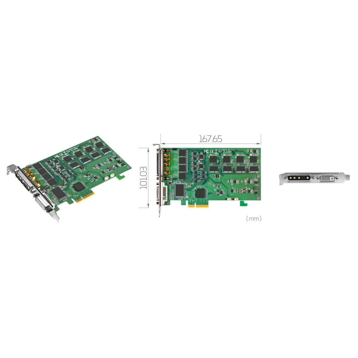Yuan SC542N4 HYBRID PCIe capture card, angled view, 167.65 x 101.03 mm drawing and bracket with DVI-I port