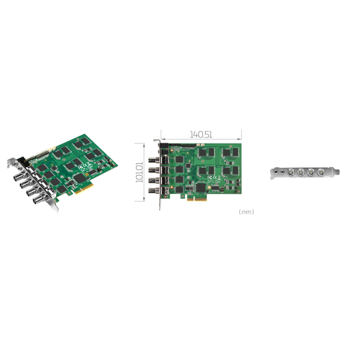Yuan SC542N4 SDI PCIe capture card, angled view, 140.51 x 101.01 mm drawing and bracket with four BNC ports