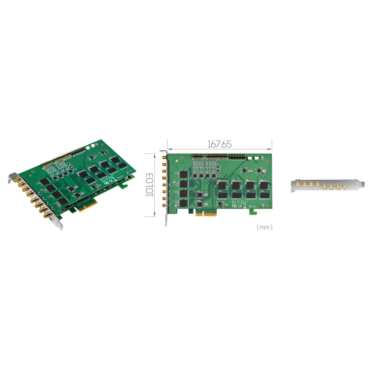 Yuan SC542N8 SDI PCIe capture card, angled view, 167.65 x 101.03 mm dimension drawing and eight-port bracket