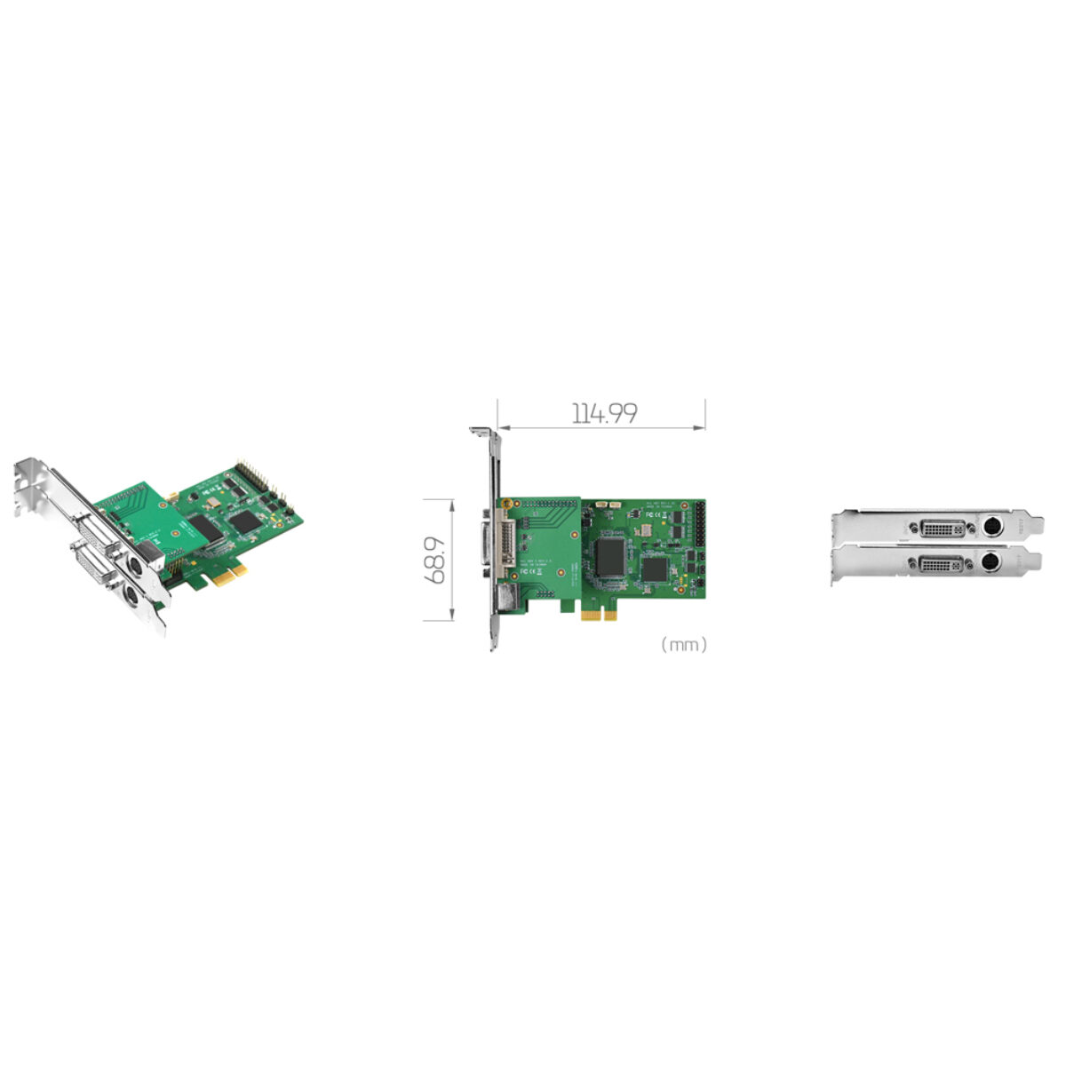 Yuan SC550N1-L HDV PCIe capture card, angled view with loop-through board, 114.99 mm drawing and two DVI-I brackets
