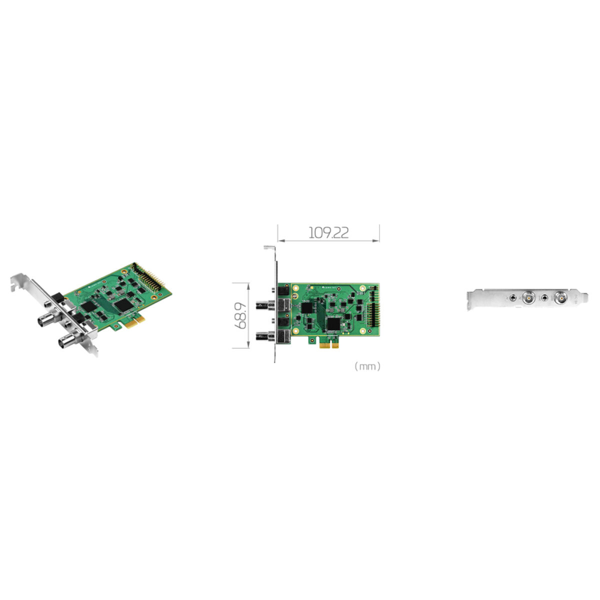 Yuan SC550N1-L SDI PCIe 3G-SDI capture card, angled view, 109.22 x 68.9 mm drawing and bracket with two BNC ports