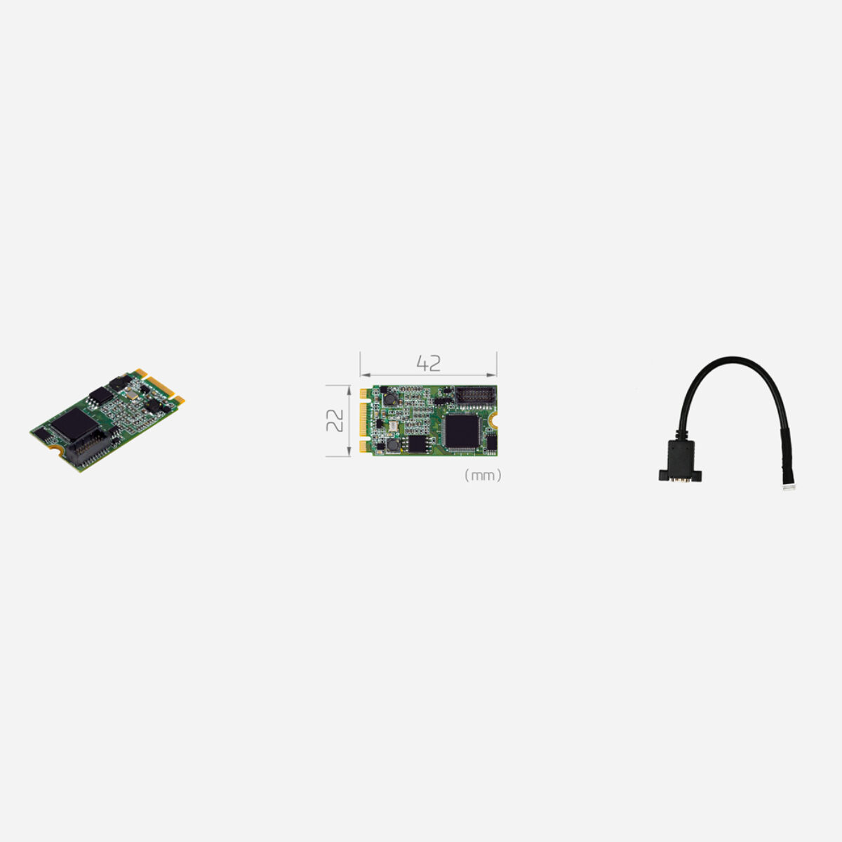 Yuan SC550N1 M2 HDMI M.2 capture card, angled view, 22 x 42 mm dimension drawing and HDMI panel cable