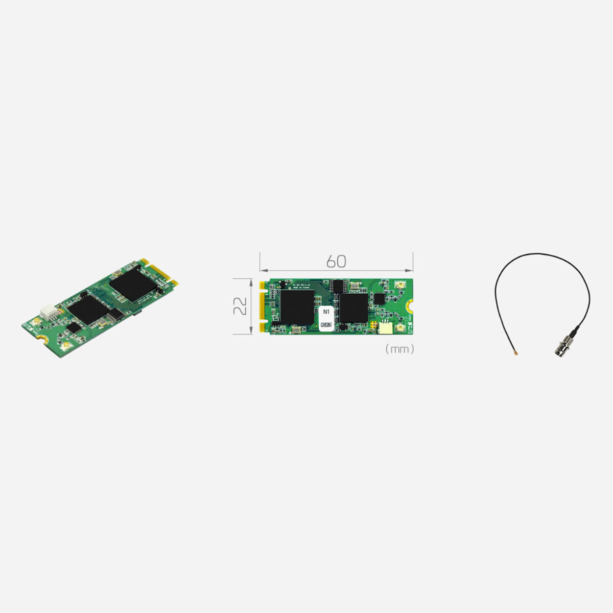 Yuan SC550N1 M2 SDI M.2 3G-SDI capture card, angled and top views with 22 x 60 mm dimensions and a BNC cable