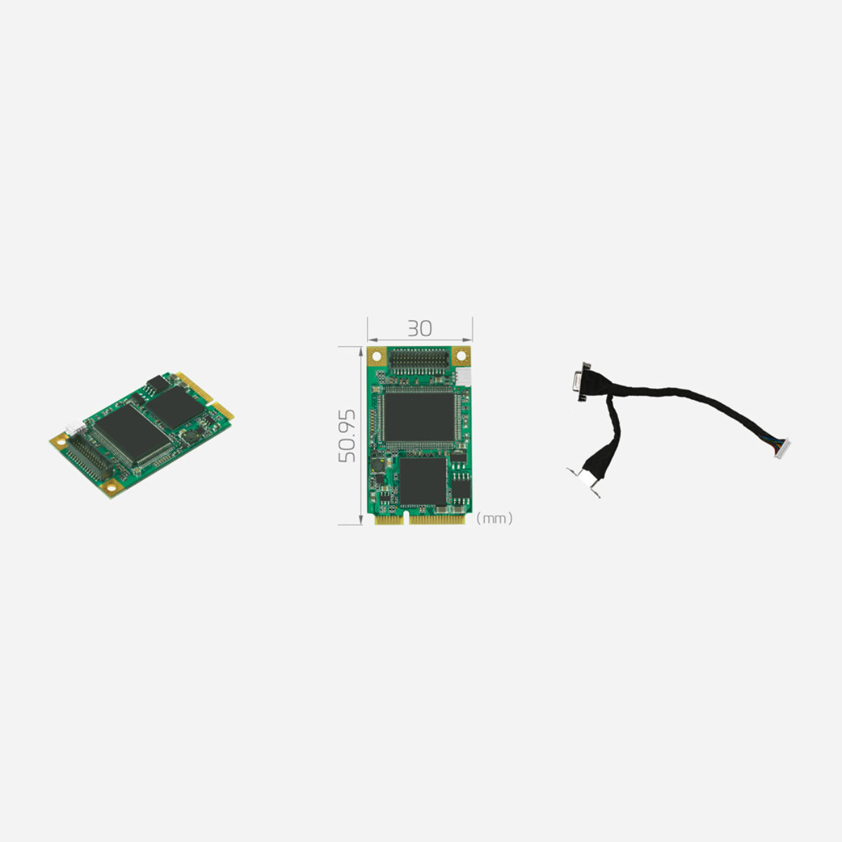 Yuan SC550N1 MC HDV Mini PCIe capture card, angled and top views with 30 x 50.95 mm dimensions and breakout cable