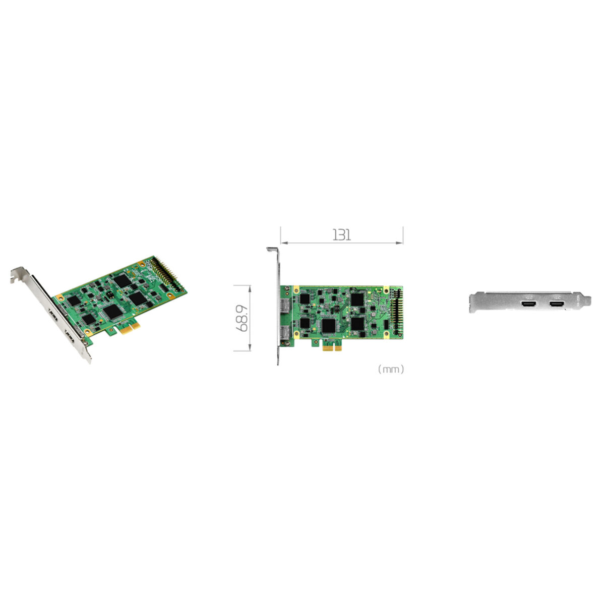 Yuan SC550N2-L HDMI PCIe 2-channel HDMI capture card, angled view, 131 x 68.9 mm drawing and bracket with two HDMI ports