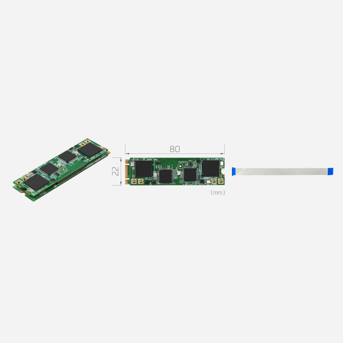 Yuan SC550N2 M2 HDMI M.2 2-channel HDMI capture card, angled and top views with 22 x 80 mm dimensions and flat cable