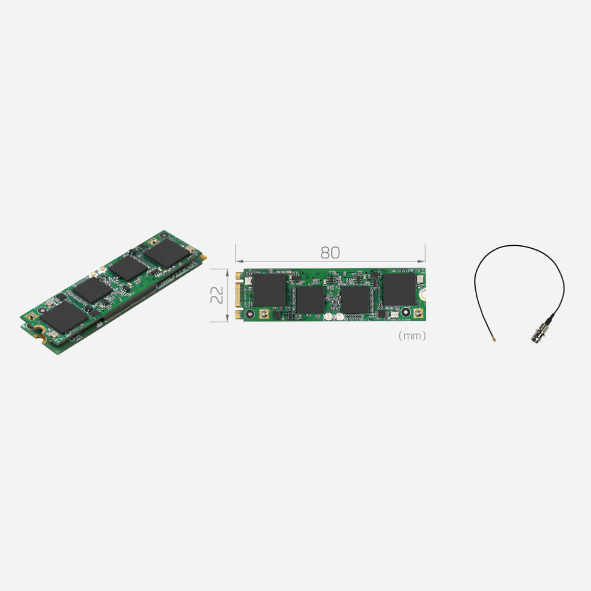 Yuan SC550N2 M2 SDI M.2 2-channel 3G-SDI capture card, angled and top views with 22 x 80 mm dimensions and a BNC cable