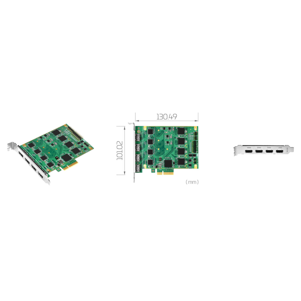 Yuan SC550N4 HDMI PCIe 4-channel HDMI capture card, angled view, 130.49 x 101.02 mm drawing and bracket with four HDMI ports