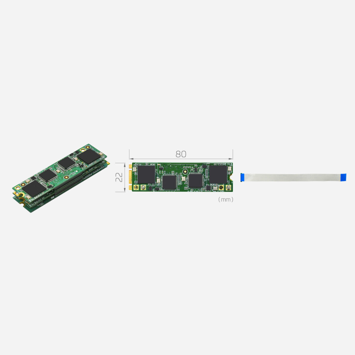 Yuan SC550N4 M2 HDMI M.2 4-channel HDMI capture card, angled stacked view, 22 x 80 mm top view and flat cable