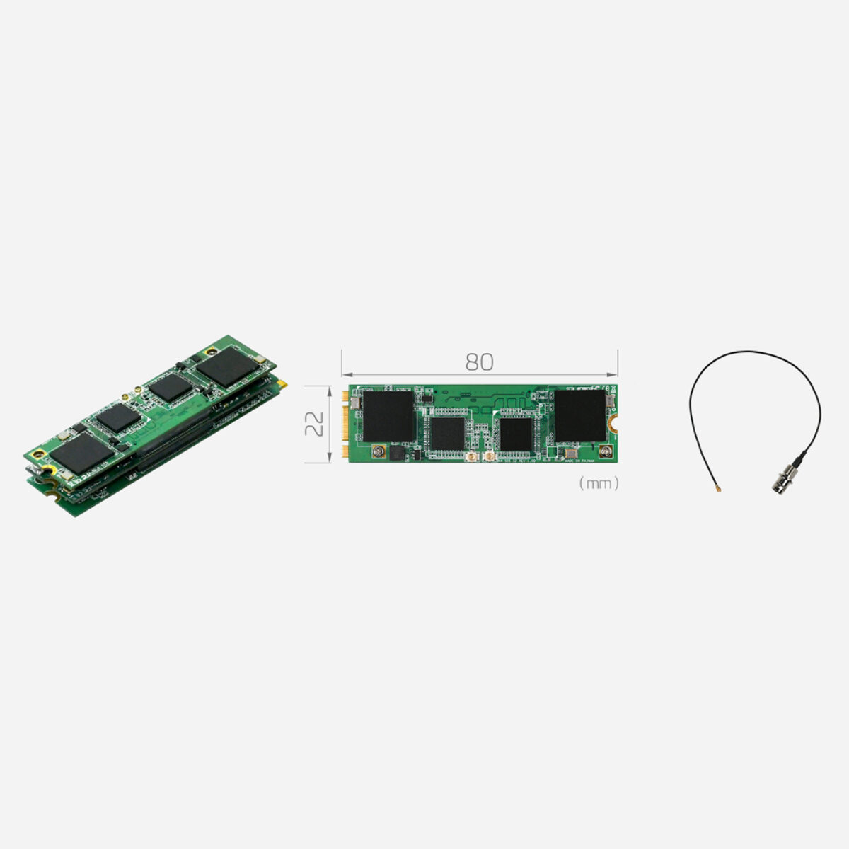 Yuan SC550N4 M2 SDI M.2 4-channel 3G-SDI capture card, angled stacked view, 22 x 80 mm top view and a BNC cable