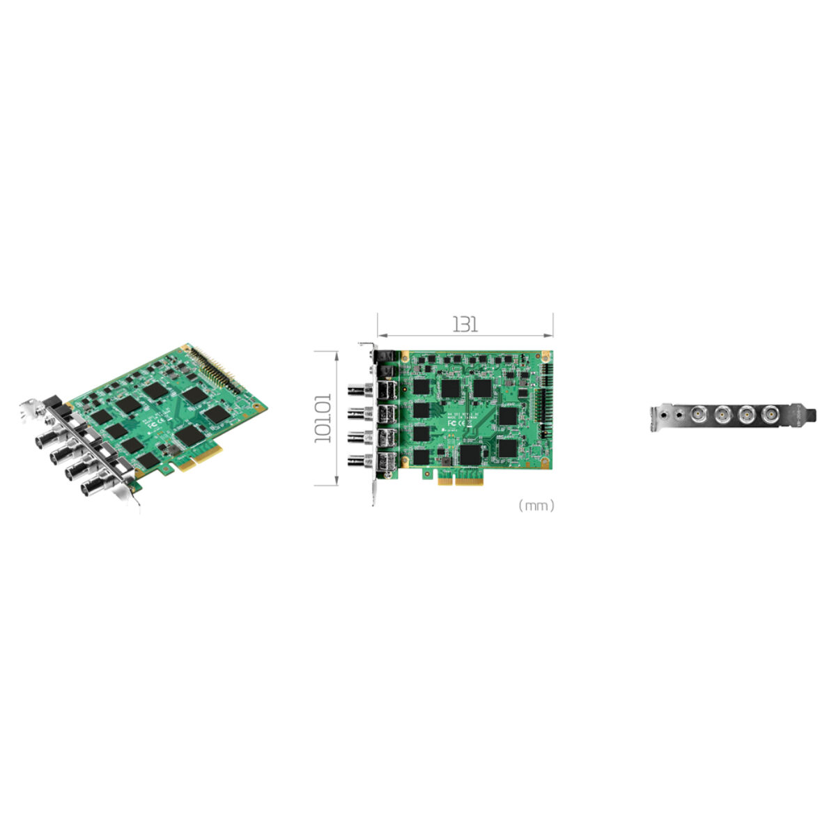 Yuan SC550N4 SDI PCIe 4-channel 3G-SDI capture card, angled view, 131 x 101.01 mm drawing and bracket with four BNC ports