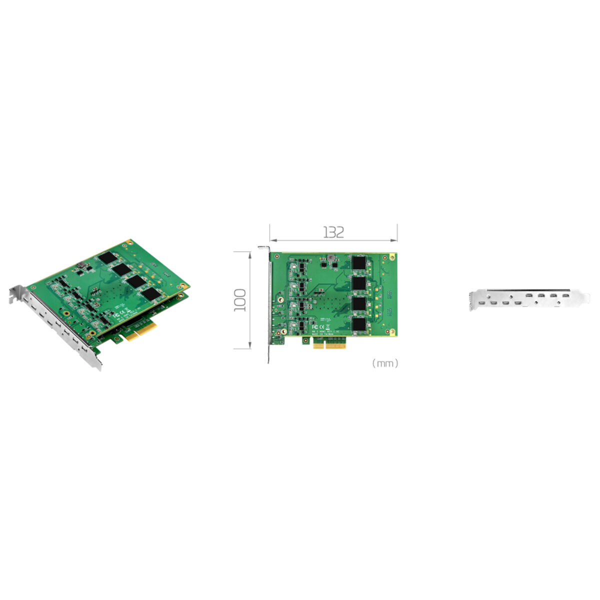 Yuan SC550N8 HDMI PCIe 8-channel HDMI capture card, angled view, 132 x 100 mm drawing and bracket with eight ports