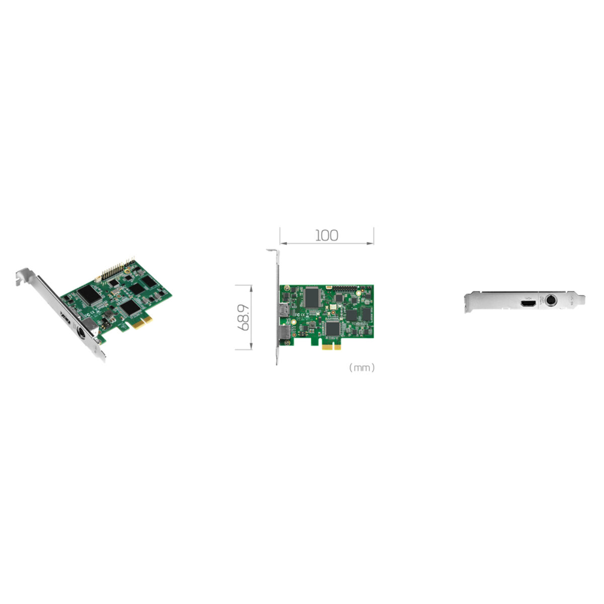 Yuan SC5A0N1-L HDAV PCIe capture card, angled view, dimension drawing in mm and bracket with HDMI and S-Video ports