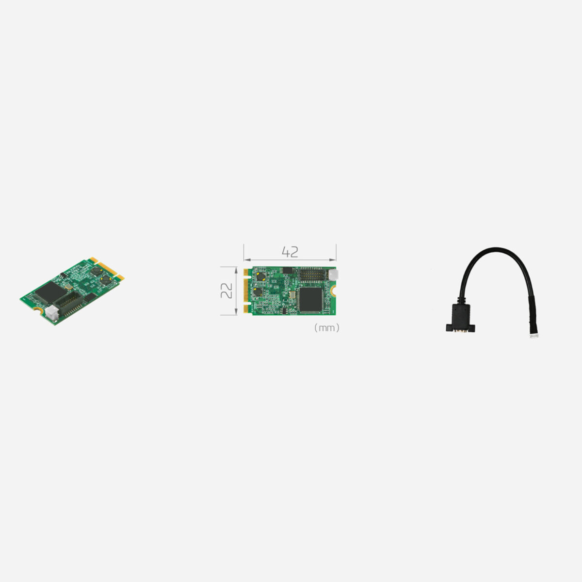 Yuan SC5A0N1 M2 HDMI M.2 HDMI capture card, angled and top views with 22 x 42 mm dimensions and HDMI cable