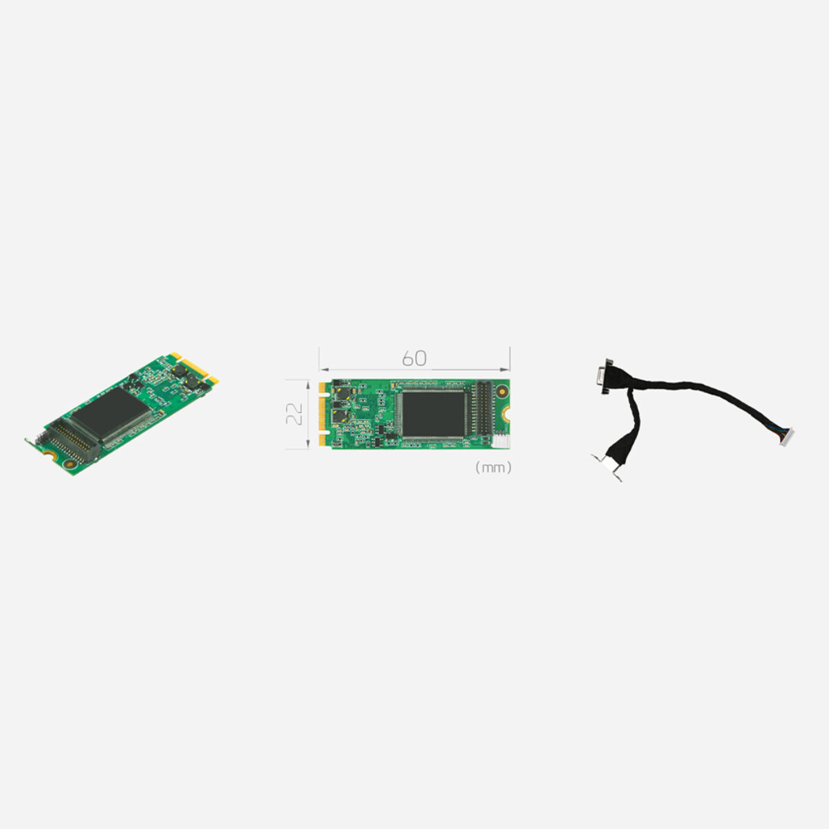 Yuan SC5A0N1 M2 HDV M.2 capture card, angled and top views with 22 x 60 mm dimensions and breakout cable