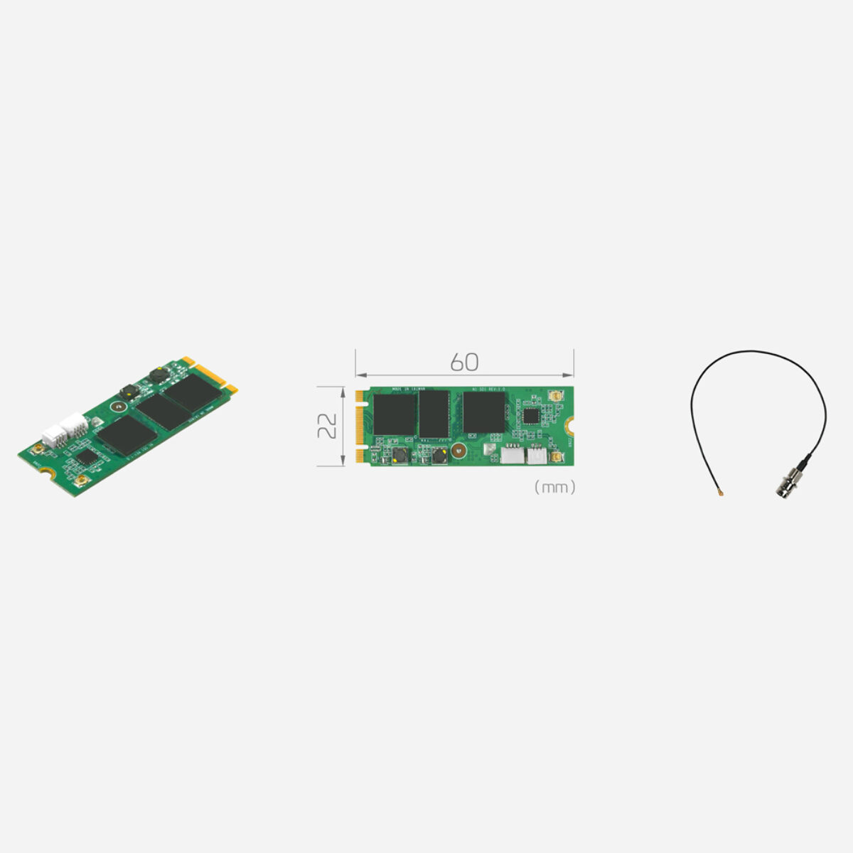 Yuan SC5A0N1 M2 SDI M.2 3G-SDI capture card, angled and top views with 22 x 60 mm dimensions and a BNC cable
