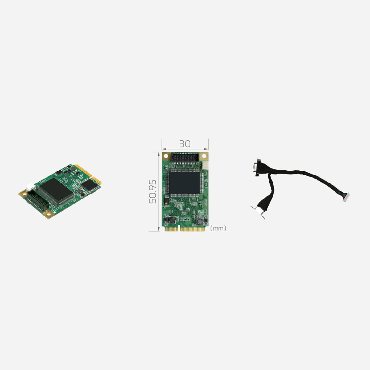 Yuan SC5A0N1 MC HDV Mini PCIe capture card, angled and top views with 30 x 50.95 mm dimensions and breakout cable