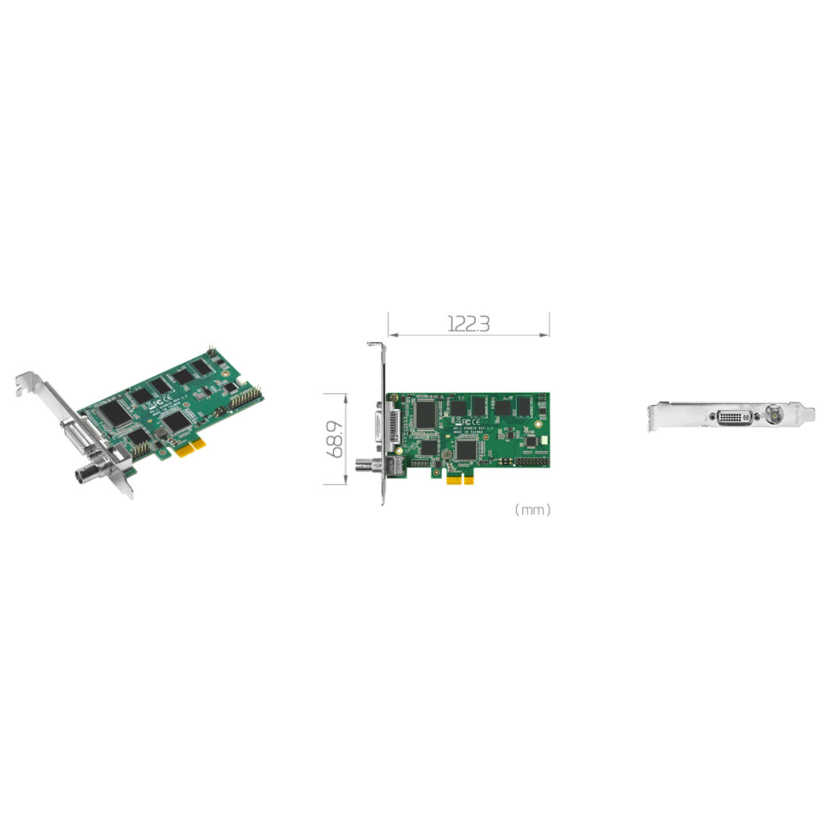 Yuan SC5A0N2-L Hybrid PCIe capture card, angled view, dimension drawing in mm and bracket with DVI-I and BNC SDI ports