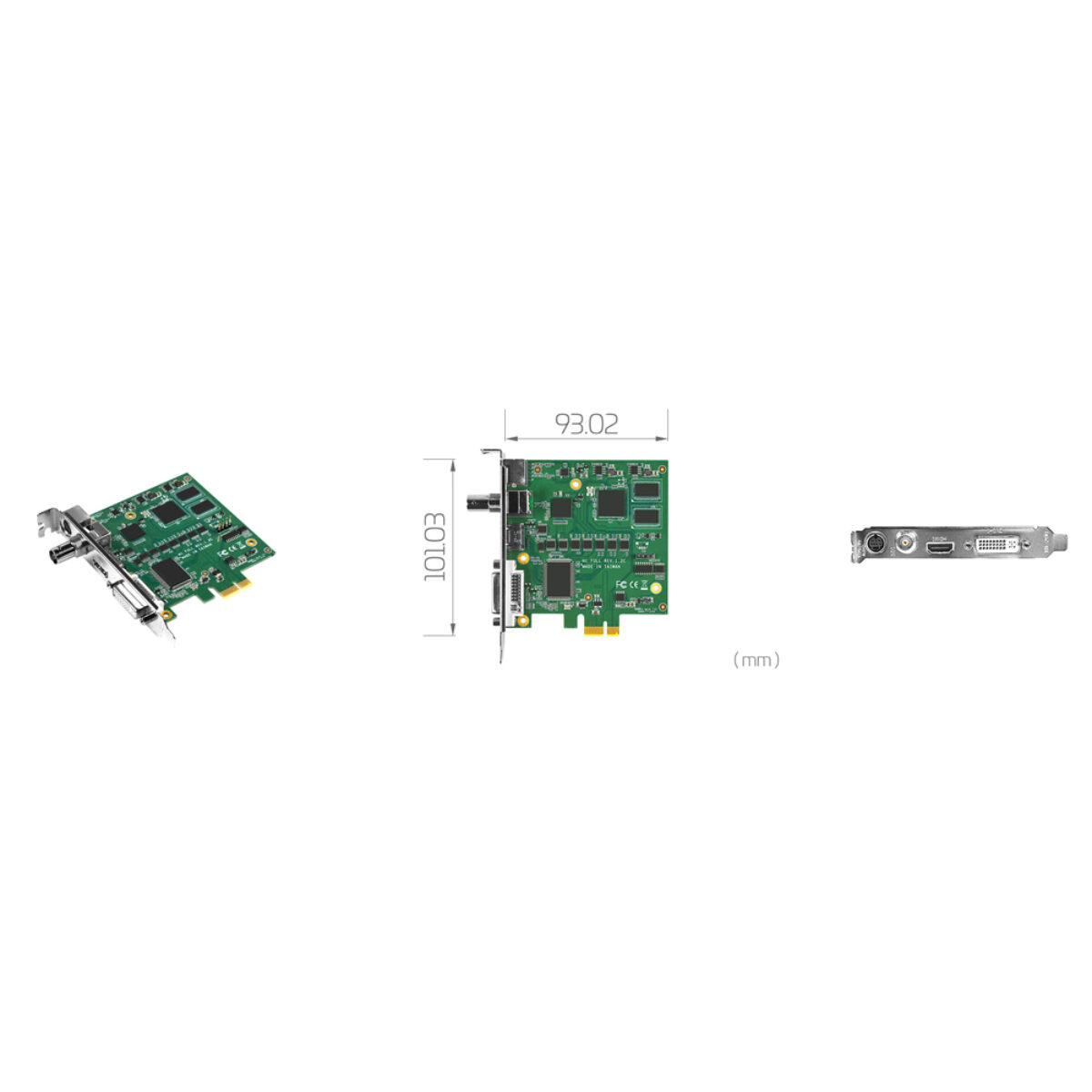 Yuan SC5C0N1 PCIe capture card, angled view, dimension drawing in mm and bracket with S-Video, HDMI, DVI-I and BNC ports